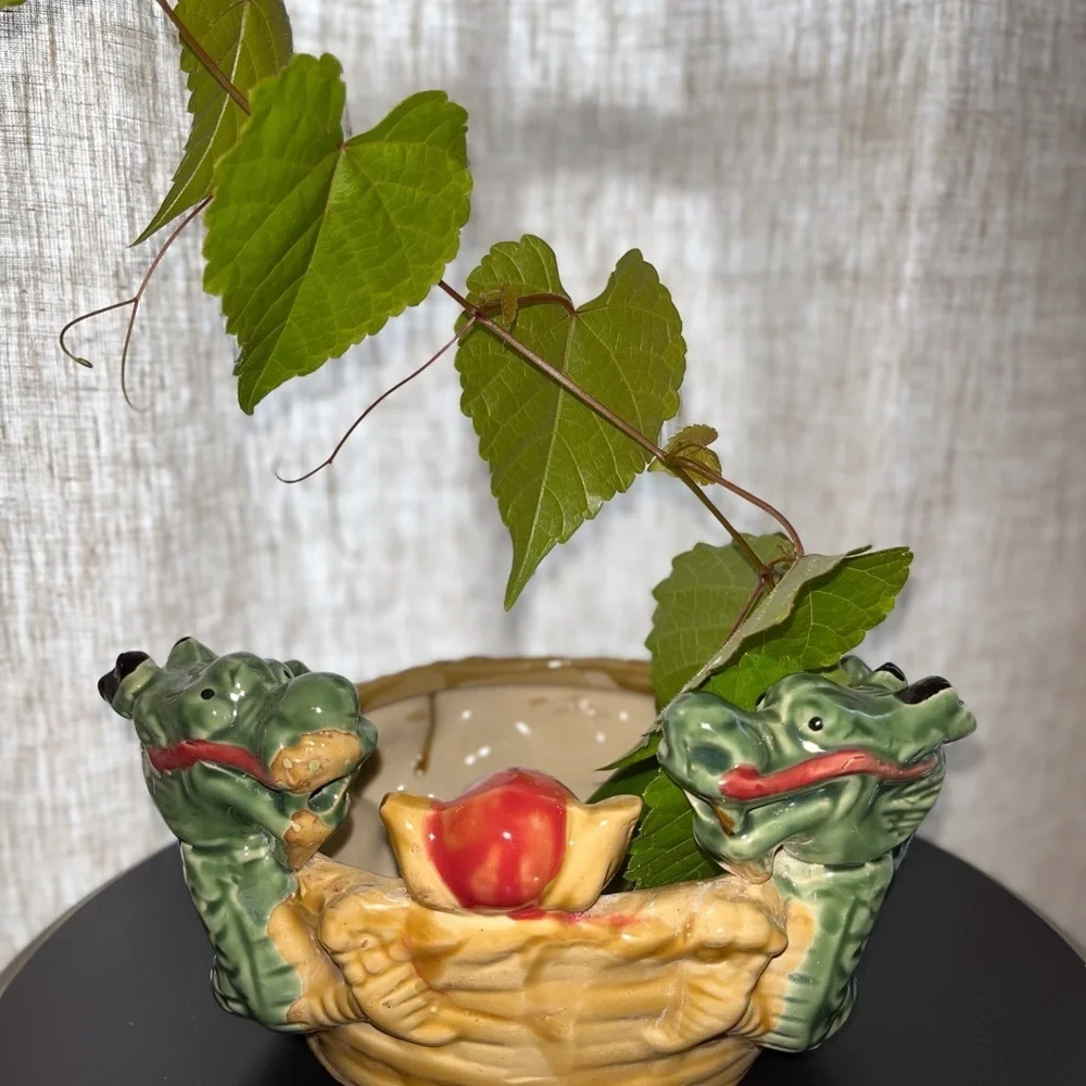 Vintage Majolica style Chinese dragon Pottery planter bowl